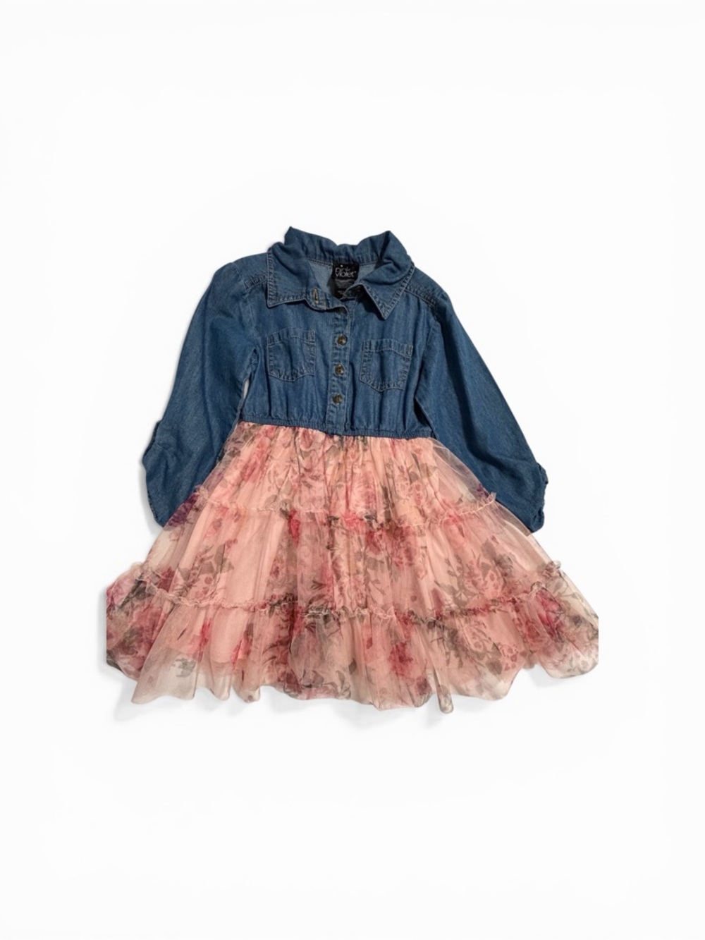 Denim Bodice Pink Floral Tulle Dress for Girls - Charming Layered Skirt